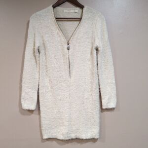 Cherry Paris Womens XS Wool Zip Up Mini Dress Cream Long Sleeve Fuzzy Sexy Party